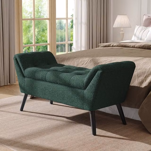 Livingandhome Modern Soft Linen Upholstered Bench with Wooden Legs in Green and Black