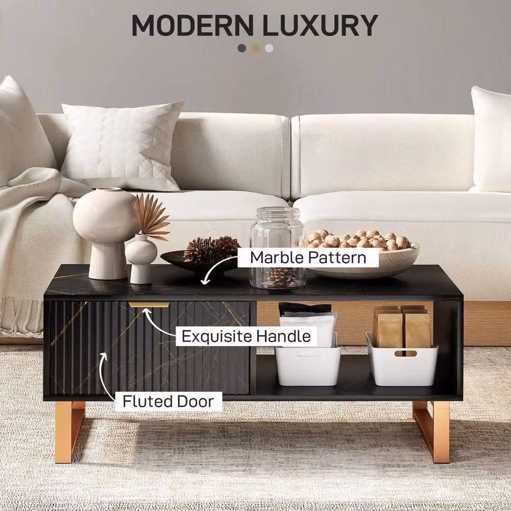NESTLUNE Black and Gold Rectangular Coffee Table with Drawer and Open Shelves, W: 100 cm, D: 15 cm, H: 15 cm – 4