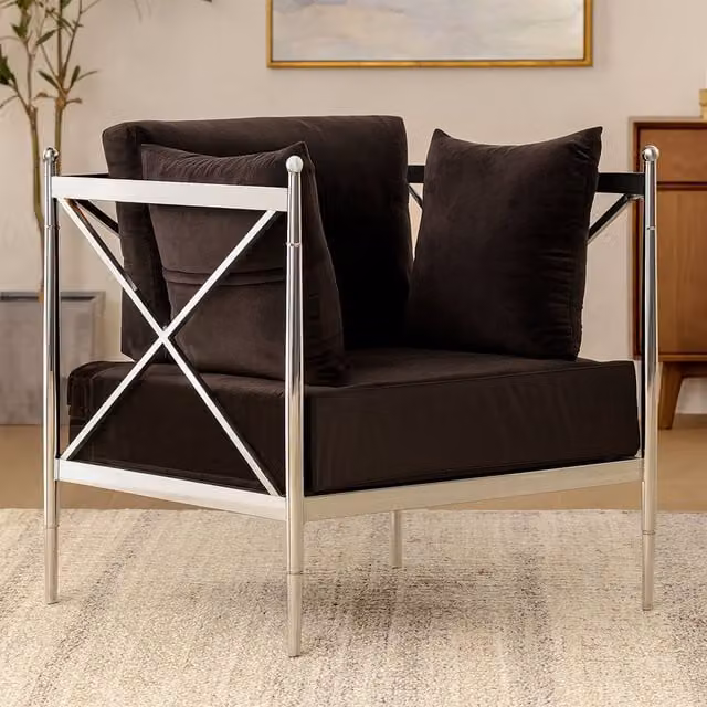 Fifty Five South Velvet Lounge Chair with Silver Metal Frame and Geometric Armrests in Black and Silver