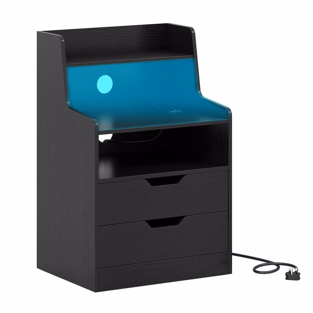 Costway Modern 2-Drawer LED Nightstand with Charging Station in Black – 2