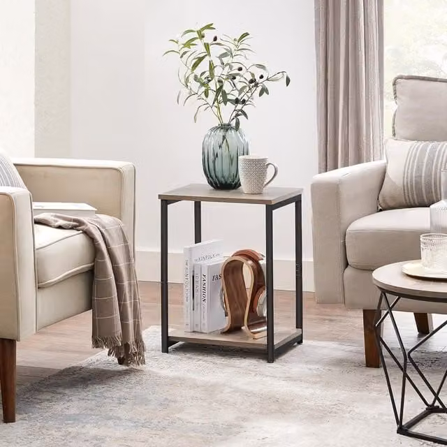 VASAGLE Industrial Side Table with Storage Shelf in Brown and Beige