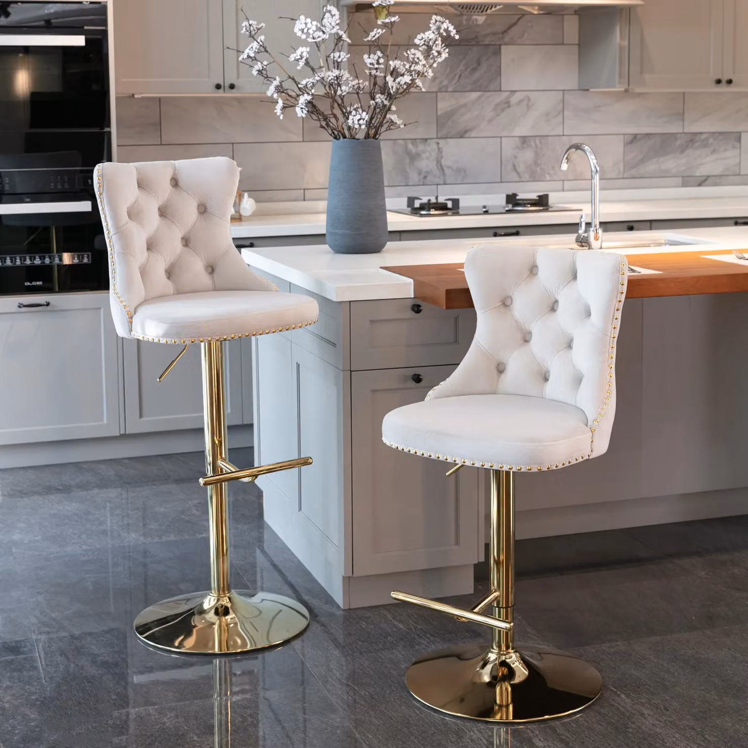 HomeTouch Set of 4 Beige Velvet Upholstered Bar Stools with Adjustable Height and Metal Legs – 2