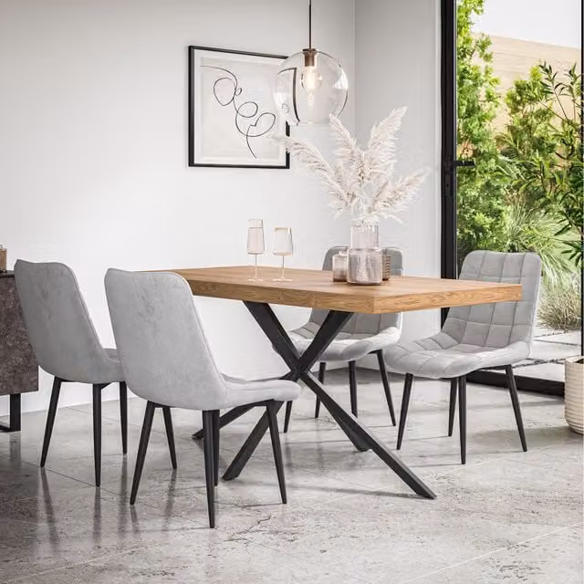 More4Homes Donni Dining Table and 6 Nova Velvet Chairs Set, Oak Effect and Grey