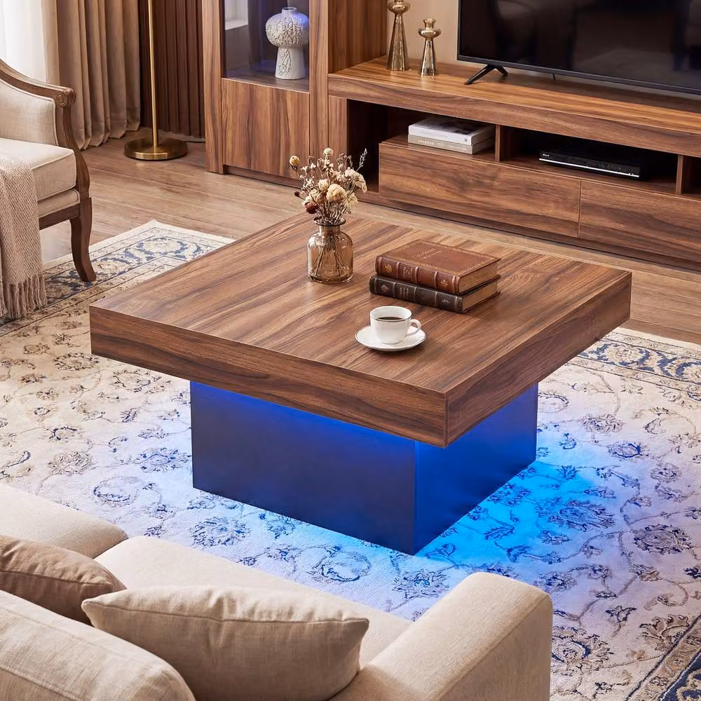 Gymax Square LED Coffee Table with Remote and 21 Dynamic Modes in Brown Wood Finish – 9