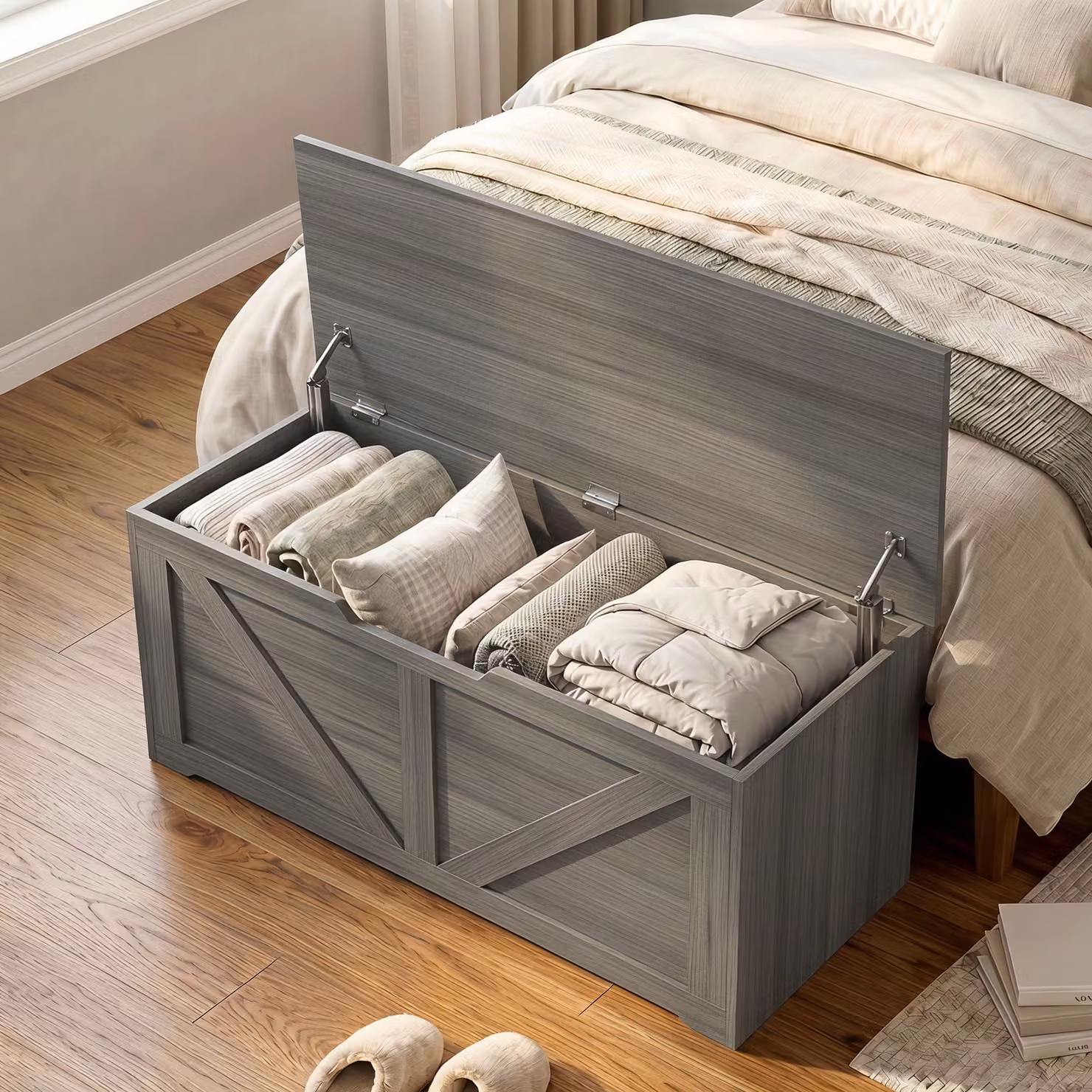 HOMCOM 127L Home Storage Box with Soft-Close Safety Hinges in Dark Grey Wood-Effect – 6