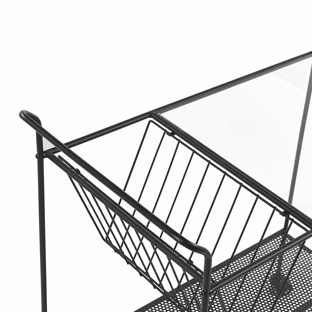Wyld and Coco Black Kitchen Trolley with Tempered Glass Top and Metal Frame – 3