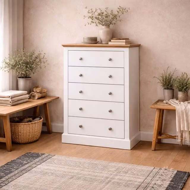 Wyld Haus Ardee 5 Drawer Chest in White with Natural Oak Top