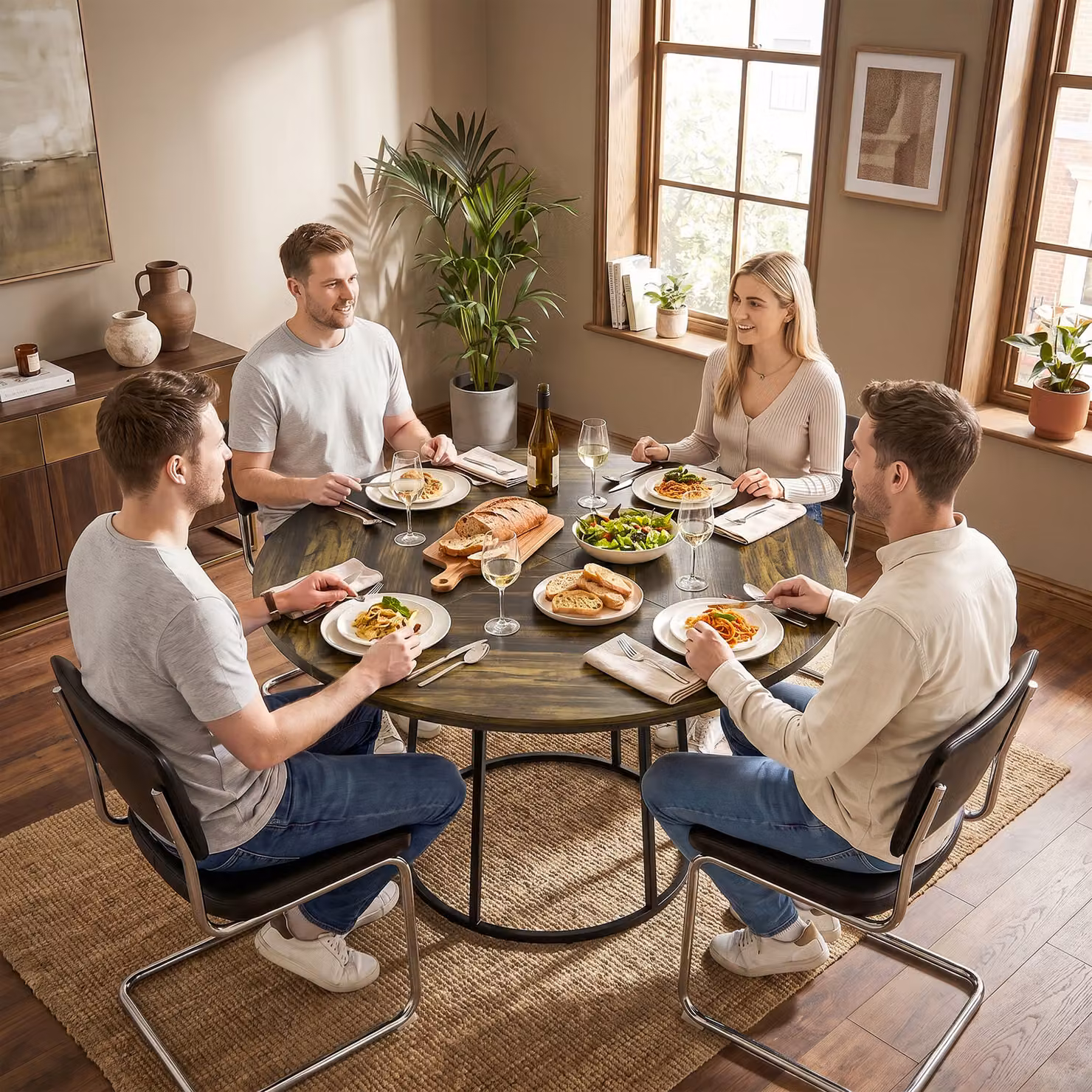 HOMCOM Round Dining Table with Spliced MDF Top and Conical Metal Base, Rustic Brown and Black, Diameter: 120 cm, Height: 75 cm – 8