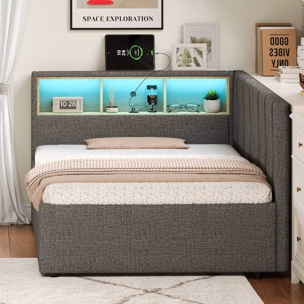 BTM Single Daybed with Storage Drawers, LED Lighting and USB Charging Station in Grey, W/D/H: 90 x 190 x 38.28 cm – 3
