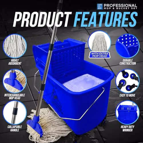 TDBS Kentucky Floor Mop and Bucket Set with Wringer and Refillable Head, Blue and Yellow – 5