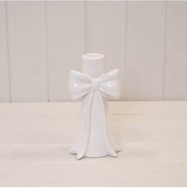 KDMD Tall Draping Bow Taper Candle Holder in White Ceramic