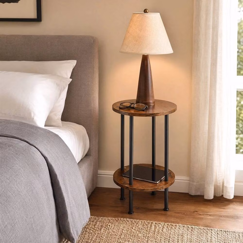 KORVIXA Industrial 2-Tier Round Side Table in Brown and Black, W/D/H: 100 x 100 x 32 cm – 2