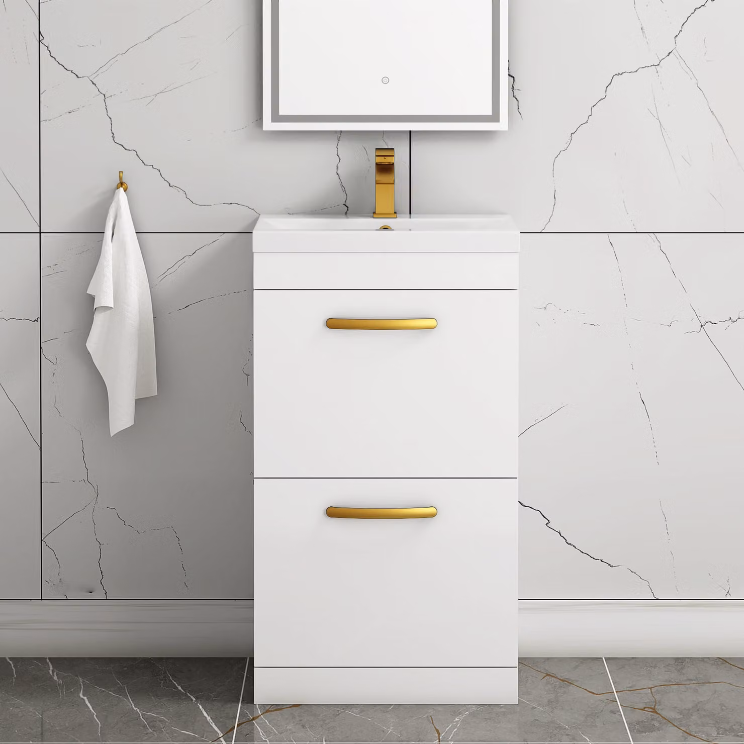 Royal Bathrooms Turin 500mm Floor Standing Gloss White 2 Drawer Mid-Edge Basin Vanity Unit with Brushed Brass Handle