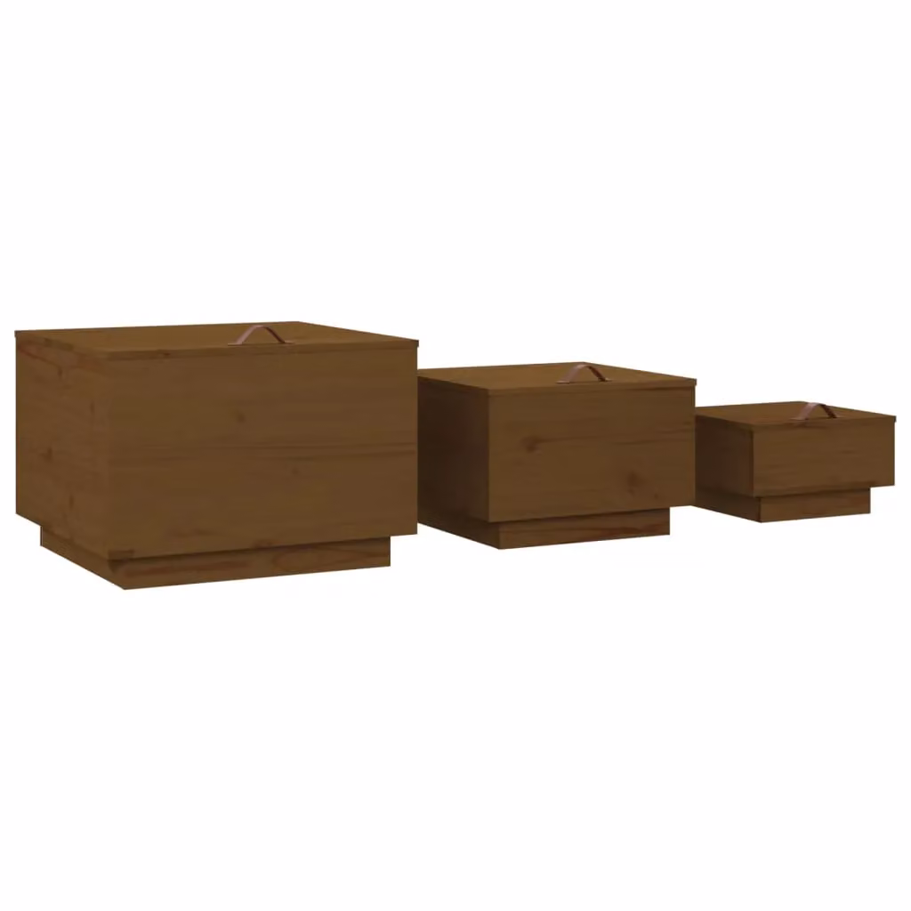 Berkfield Home Set of 3 Honey Brown Solid Wood Pine Storage Boxes with Lids – 4
