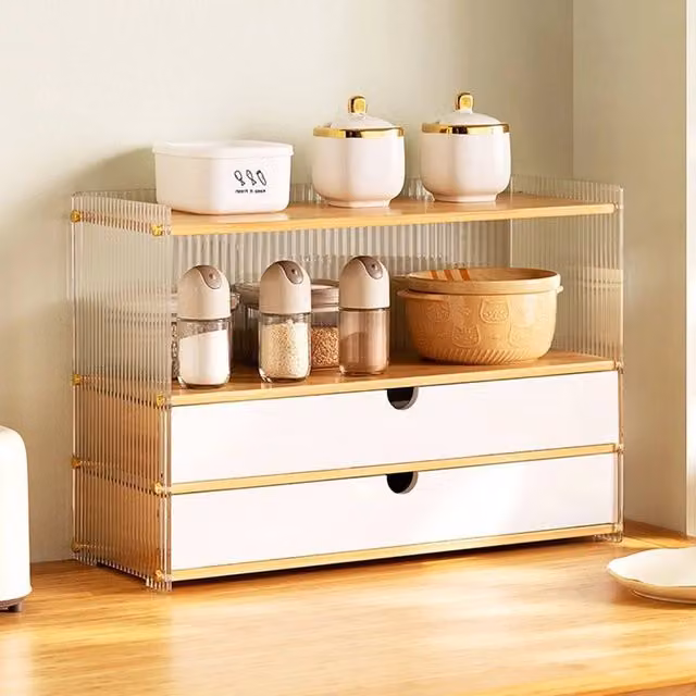 Kelvenix Acrylic and Bamboo Spice Rack Kitchen Countertop Storage in Natural, H 35 x W 20 x D 51 cm