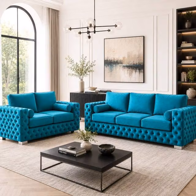 Stratus Interiors Ashley Full Back Chesterfield Upholstered Fabric 2 and 3 Seater Sofa Set in Petrol
