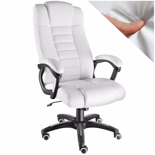 tectake Ergonomic Office Chair in White with Synthetic Leather, Headrest and 360 Degree Swivel – 1