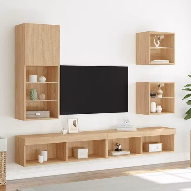 Berkfield Home Modern TV Cabinet with LED Lights in Sonoma Oak and Beige, W/D/H: 40.5 x 30 x 102 cm