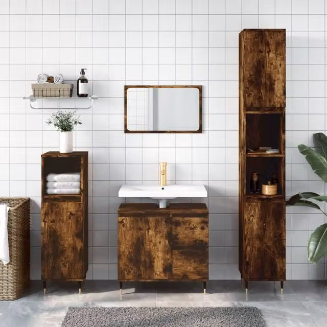 Berkfield Home Smoked Oak Bathroom Cabinet in Brown, W/D/H: 30 x 30 x 190 cm