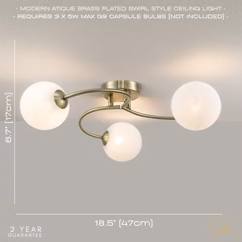 Happy Homewares Modern 3-Arm Ceiling Light in Gold/Brass with White Opal Swirl Glass Spherical Shades, W/D/H: 17 x 17 x 47 cm – 2