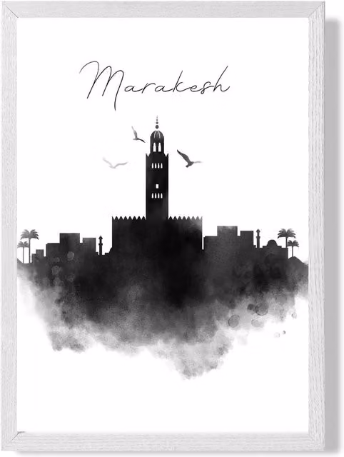 ARTZE Marakesh Watercolour Skyline City Framed Print, A4, Black and White Frame