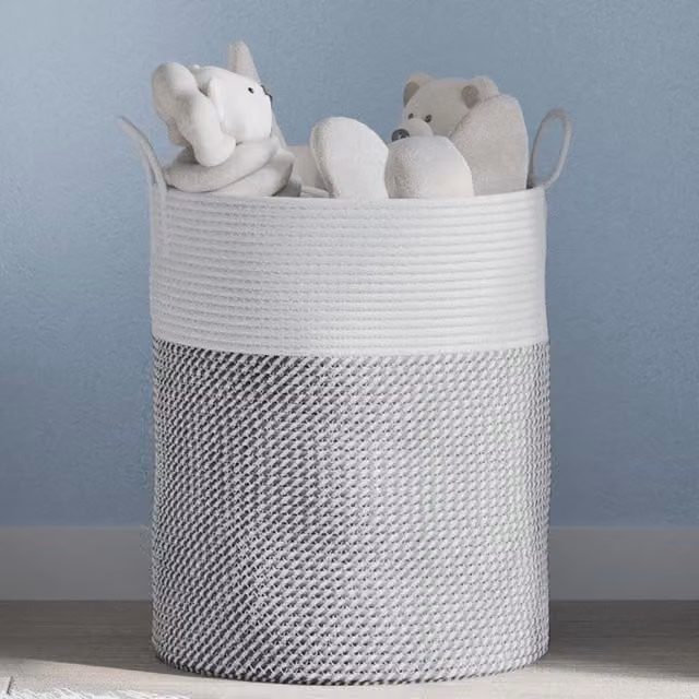 Berkfield Grey and White Open Weave Cotton Storage Basket with Handles W: 38 cm, H: 46 cm – 1