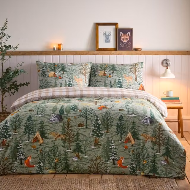 Furn Lodge Wood Reversible Brushed Cotton Flannelette Duvet Cover Set, Green, W/D/H: 180 x 200 cm