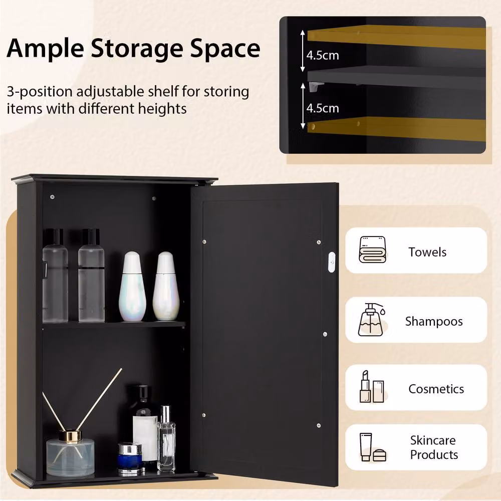 Gymax Black Lacquered Wall Mounted Medicine Cabinet with Mirror and Internal Shelves – 4