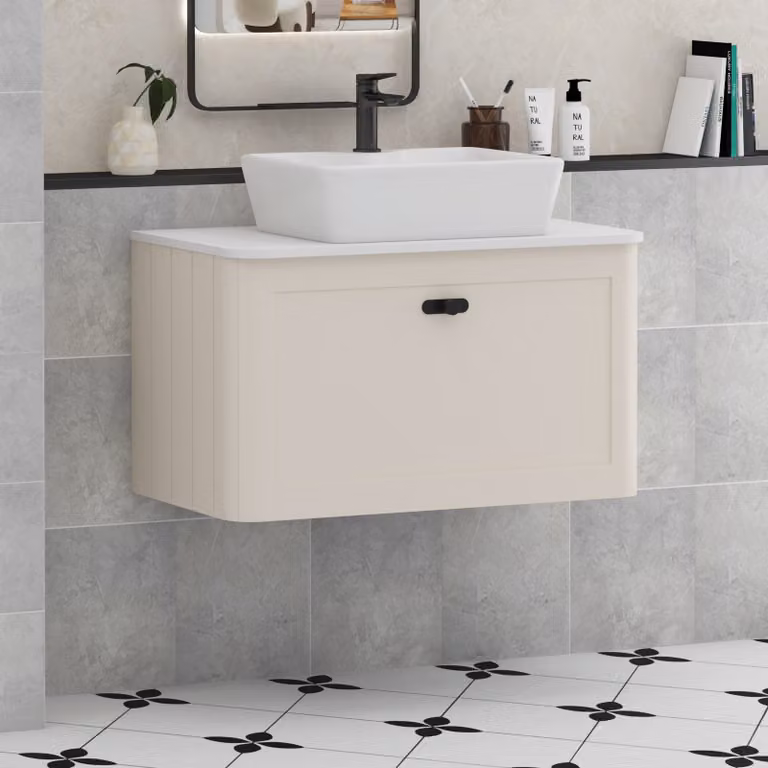 Royal Bathrooms Henley 800mm Mushroom Cashmere Wall Hung Vanity Unit with 1 Drawer, Plain White Worktop, Cube Basin and Matt Black Knob