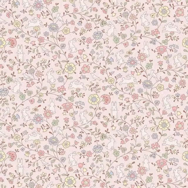 Grandeco Liberty Floral Bunny Trail Nursery Textured Wallpaper in Light Pink, Green, Purple and Beige