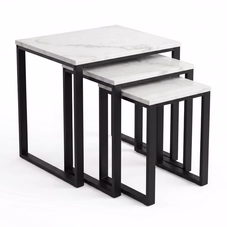 Stackora Nest of 3 Tables with White and Black Marble Finish and Metal Frame