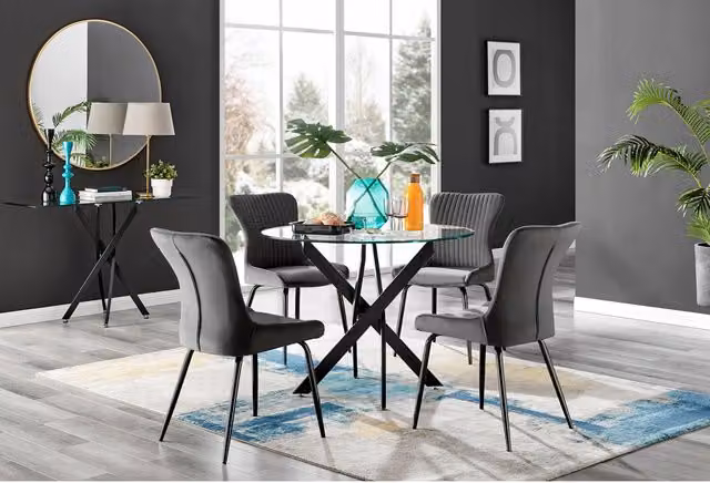 FurnitureboxUK Novara Round Glass Dining Table and 4 Nora Chairs in Black and Dark Grey