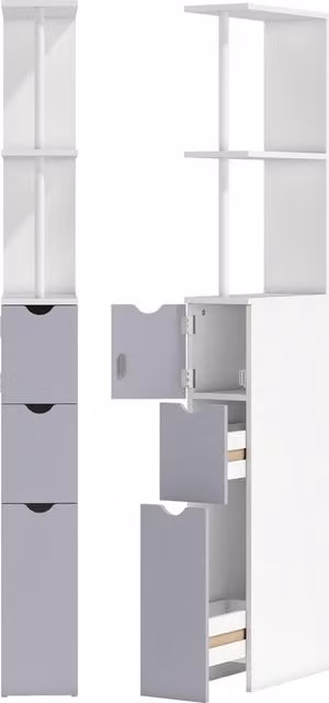 HOMCOM Slimline Free-Standing Bathroom Storage Cabinet with Drawers, Grey and White