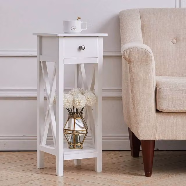 EONLION Small Slim Wooden Side Table and Nightstand in White, Height: 100 cm