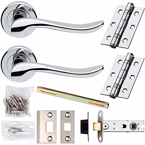 Loops Chrome Modern Scroll Lever Door Handle and Latch Pack with Screwless Round Rose