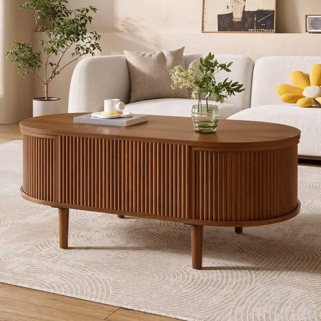 Merax Walnut Oval Lift Up Coffee Table with Fluted Storage Base in Brown – 1