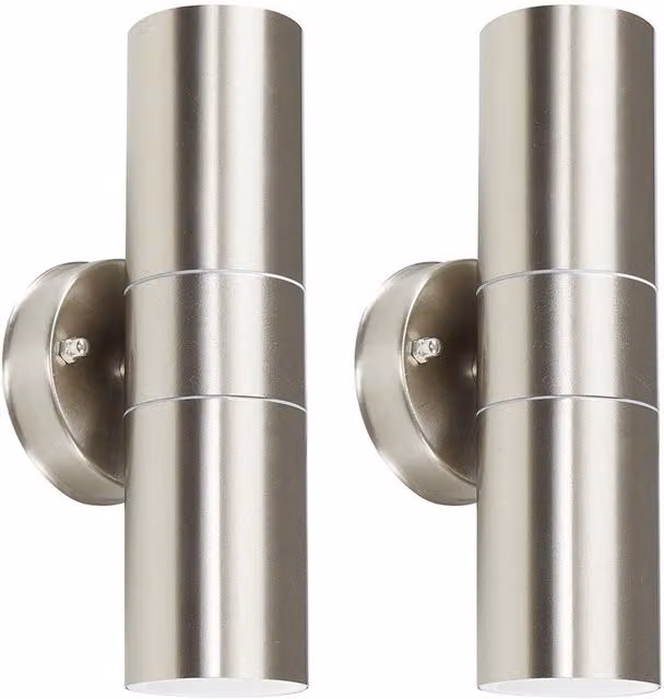 ValueLights Pair of Silver Stainless Steel Modern Up and Down Outdoor Wall Lights for Garden and Terrace – 1