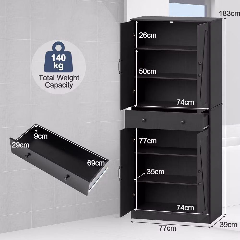 Costway Black Wooden Kitchen Pantry Farmhouse Cupboard Cabinet with Drawer and Soft Close Doors, Height: 183 cm – 2