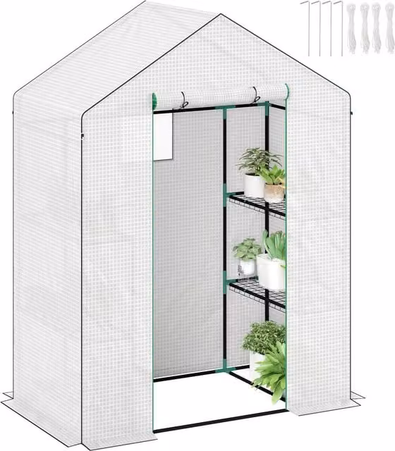 Outsunny White Walk-in Greenhouse with 3 Tiers of 4 Shelves, Reinforced PE Cover, Roll-up Door and Windows, W/D/H: 143 x 74 x 190 cm