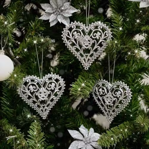 Melody Maison Set of 3 Silver Ornate Heart Christmas Baubles