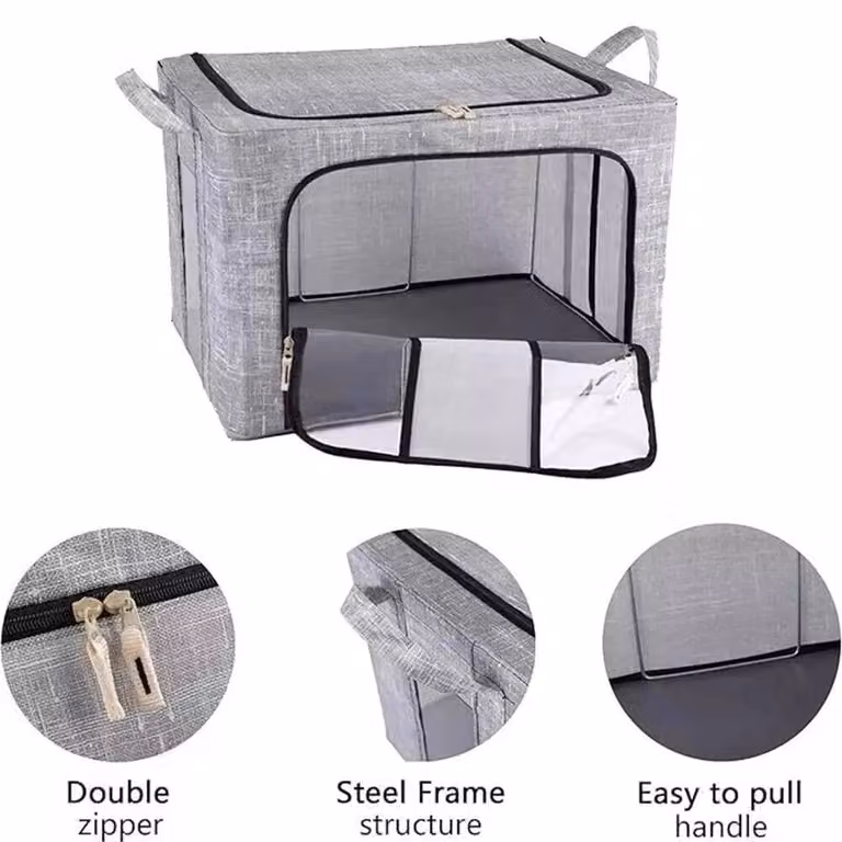 VOGREX 3-Piece Set of 66L Grey Folding and Stackable Wardrobe Storage Boxes with Stainless Steel Frame