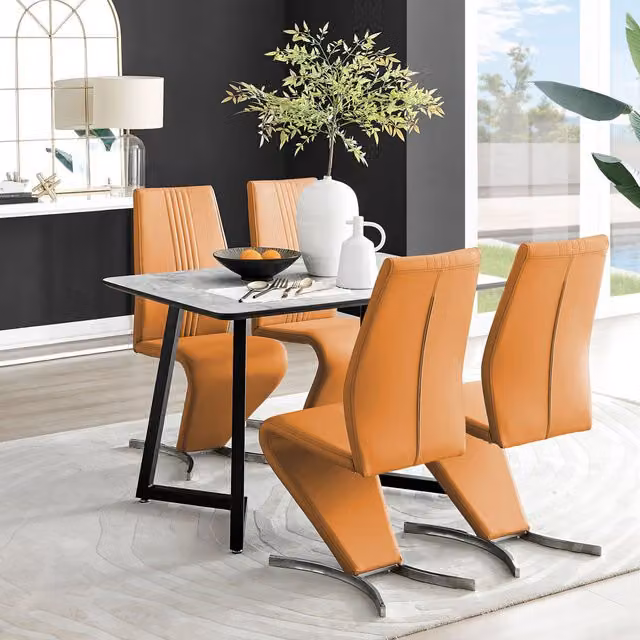 FurnitureboxUK Carson White Marble Effect Dining Table and 4 Willow Chairs in Mustard