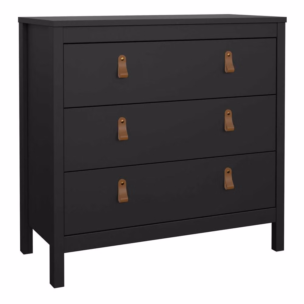 Wyld Haus Wildberry 3 Drawer Chest in Matt Black with Leather Strap Handles, W/D/H: 79.7 x 38.4 x 27.1 cm – 2