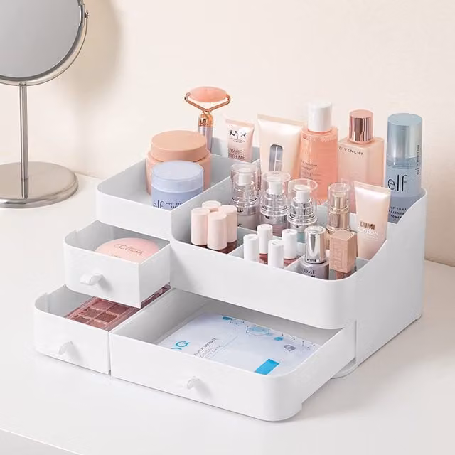 Livingandhome White and Transparent Plastic Makeup Organiser Storage Box