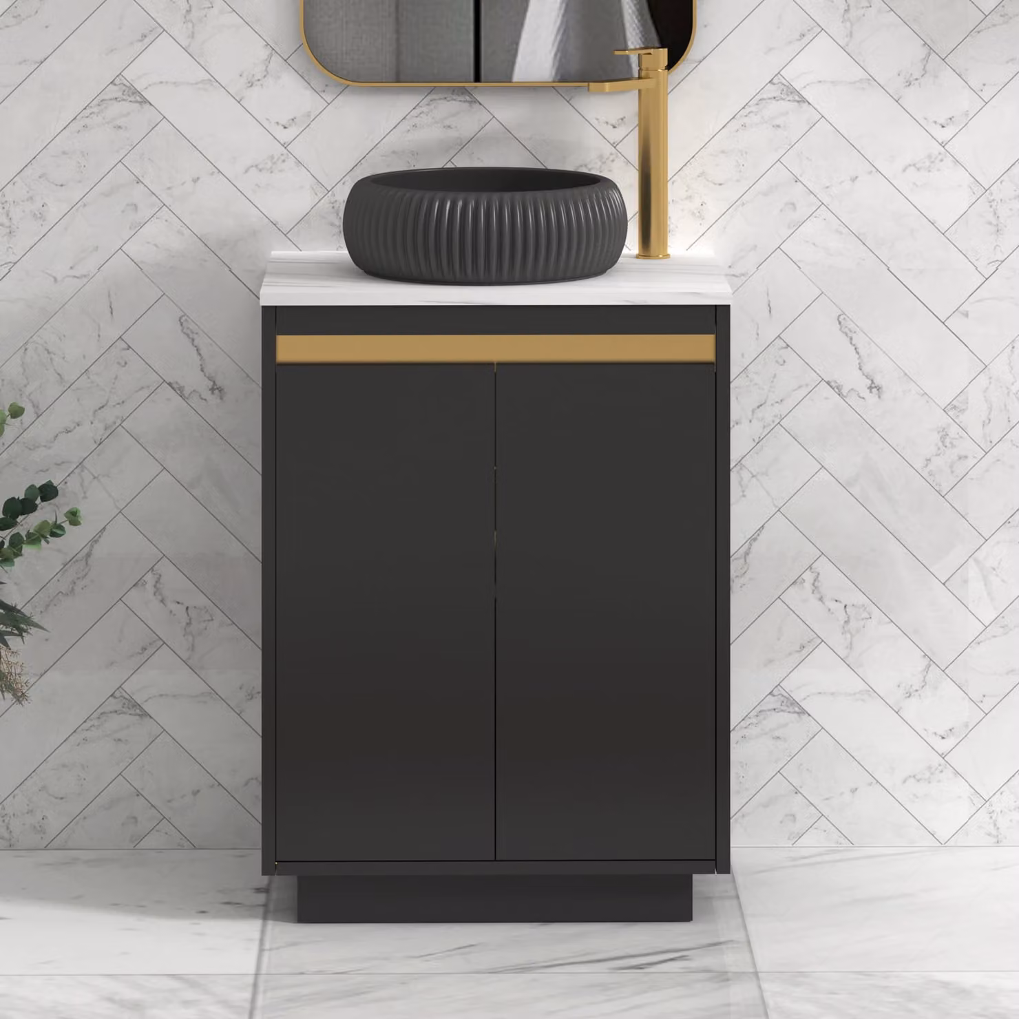 Royal Bathrooms Orion 600mm Matt Obsidian Black Floor Standing 2 Door Vanity Unit with Milan Black Basin and Brushed Brass Accent Trim