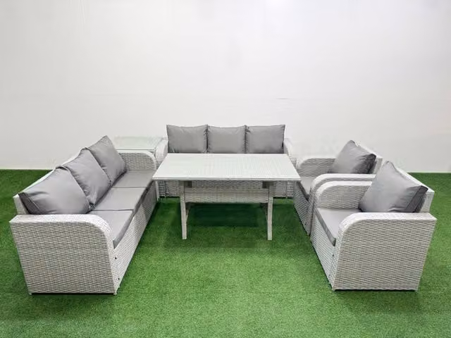 Fimous PE Rattan High Back Lounge Sofa and Rectangular Dining Set in Light Grey with 3 Seater Sofa, Reclining Chair and Side Table