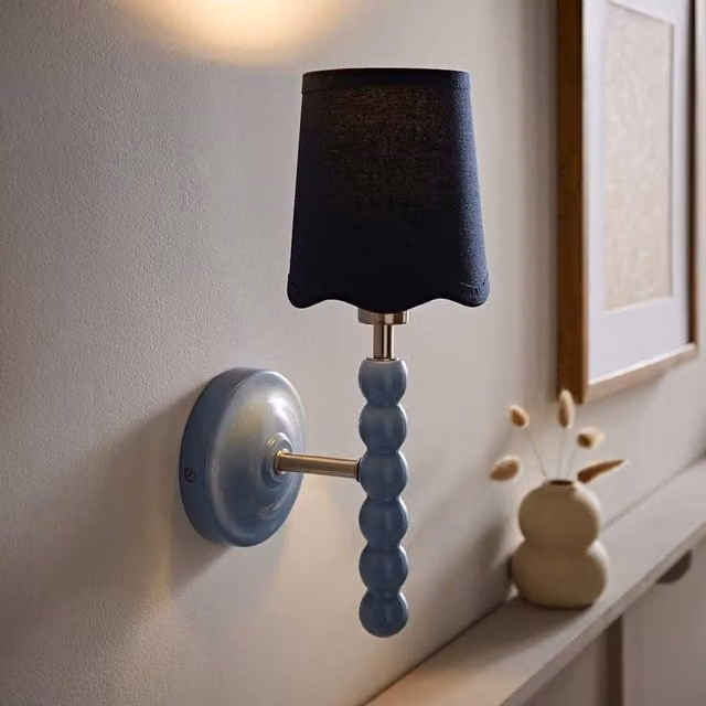 ValueLights Bobbins Pastel Wall Light with Blue Fabric Shade and Wood Details