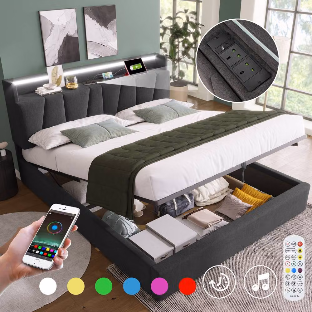 Merax Grey Upholstered Hydraulic Storage Bed with USB Charging Port and Bedside Shelf, W/D/H: 150 x 200 cm – 8