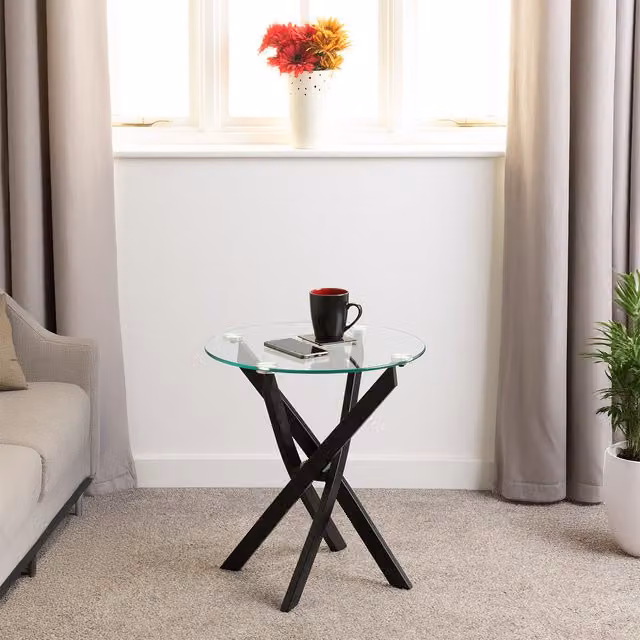 Seconique Sheldon Round Glass and Metal Side Table with X-Frame in Black and Transparent