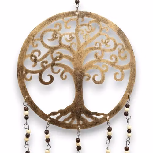 KDMD Tree of Life Gold Brass Bell Wind Chimes with Glass Beads, H 25 cm